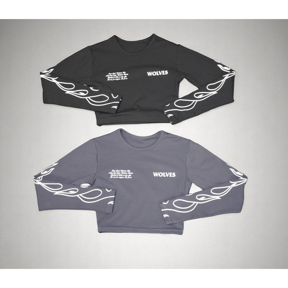 WOLVES Club Flame Sleeve Crop Top – Small – Black & Charcoal Gray – Limited